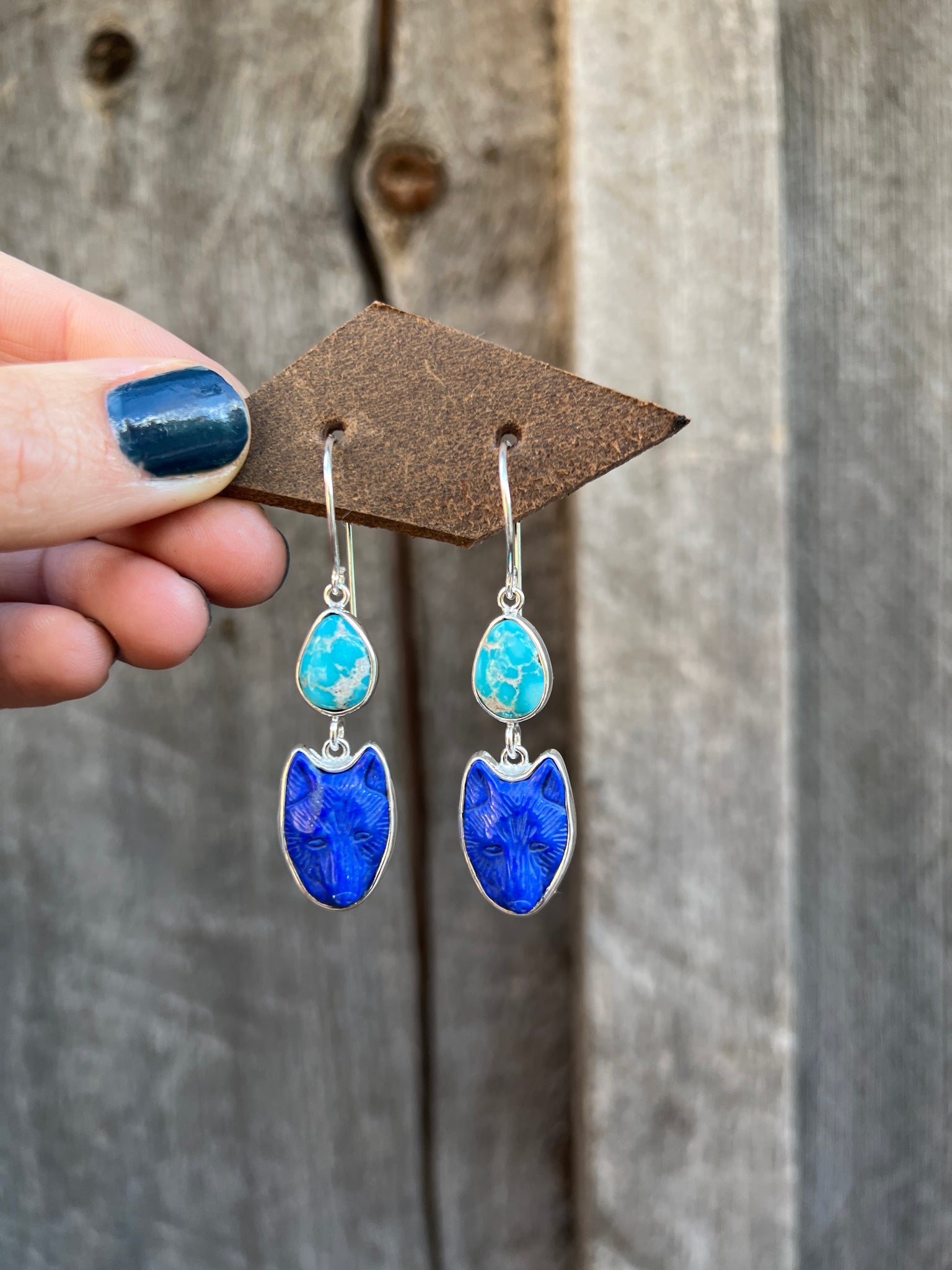 White Water Turquoise & Lapis Coyote Earring in Sterling Silver #95