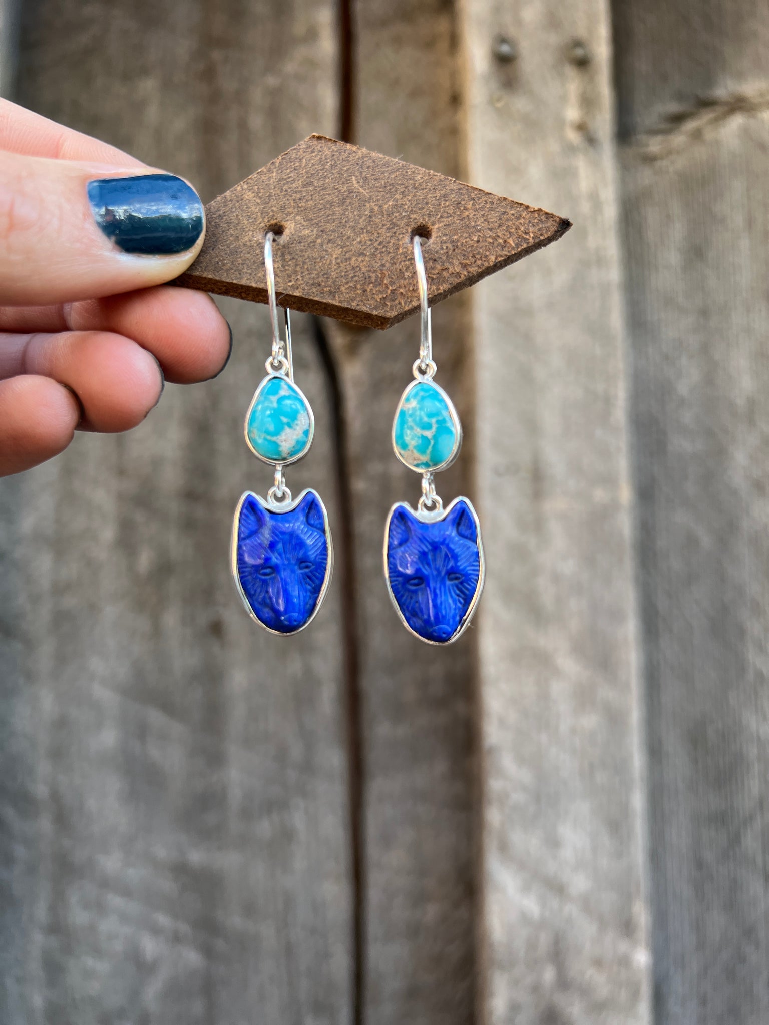 White Water Turquoise & Lapis Coyote Earring in Sterling Silver #95