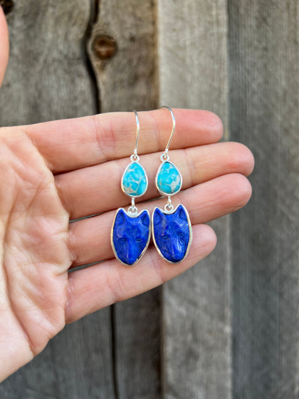 White Water Turquoise & Lapis Coyote Earring in Sterling Silver