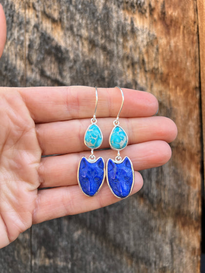 White Water Turquoise & Lapis Coyote Earring in Sterling Silver