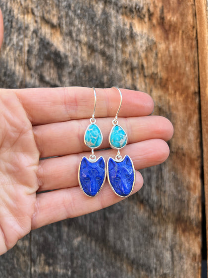 White Water Turquoise & Lapis Coyote Earring in Sterling Silver