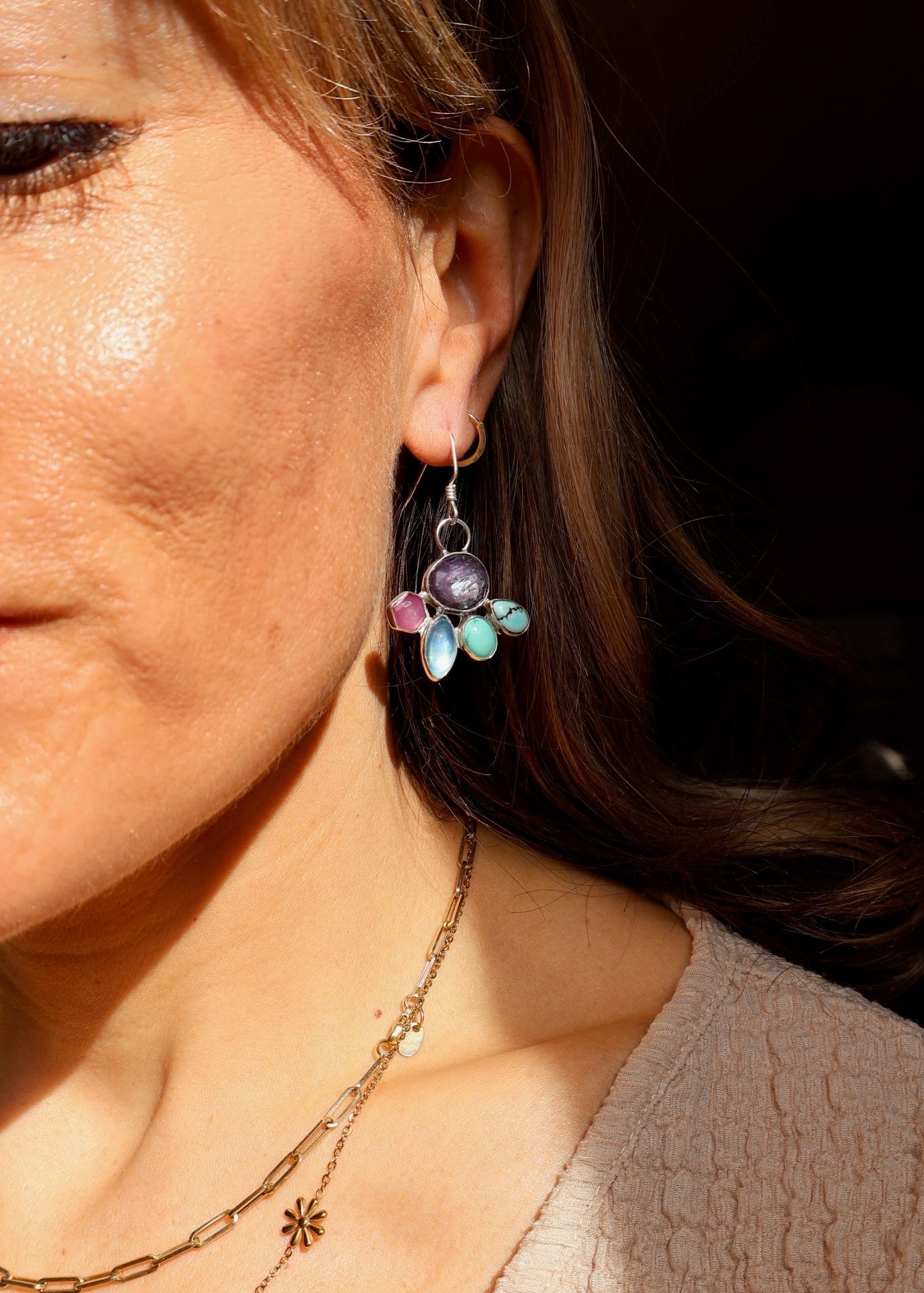 Holiday Party Earring Aquamarine, Ruby, Kyanite & Turquoise in Sterling Silver HP33