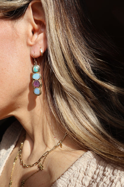 Holiday Party Earring Opal, Ruby & White Water Turquoise