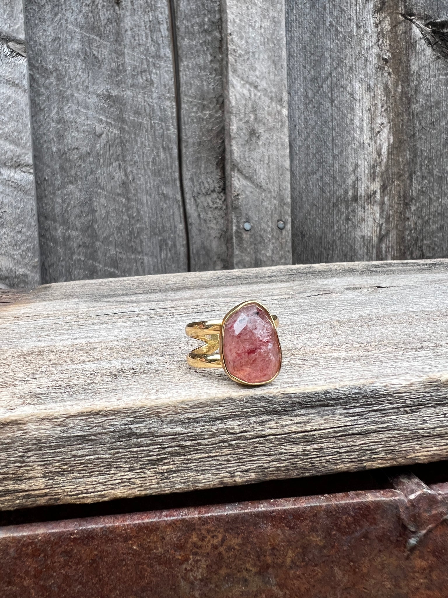 Strawberry Quartz Double Band Adjustable Ring- Gold Alchemia #104