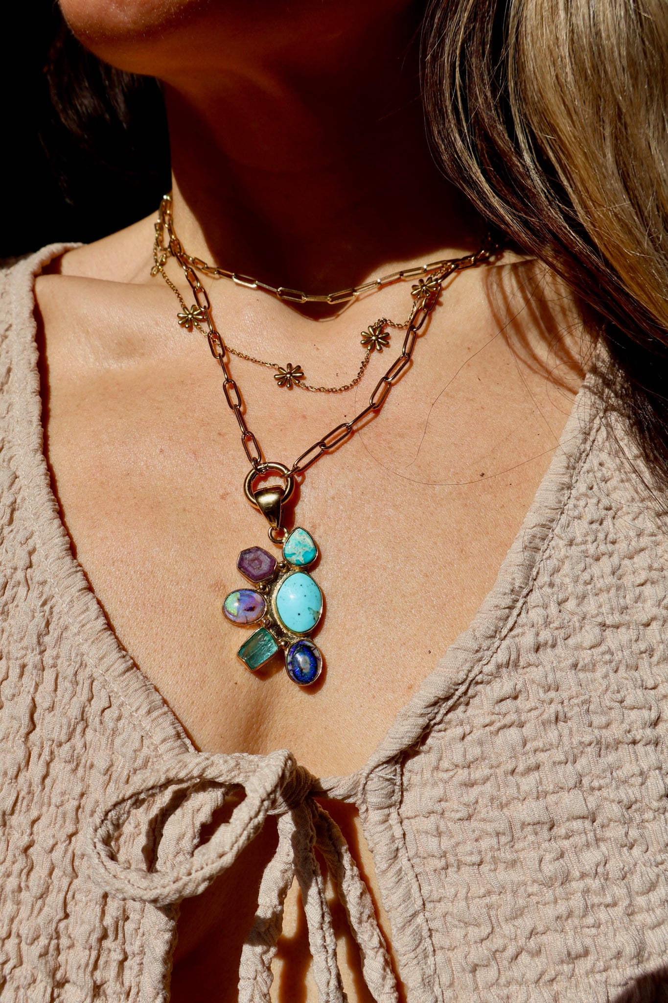 *Pendant Only* Campitos Turquoise, Aquamarine, Opal and Ruby in Gold Alchemia HP37