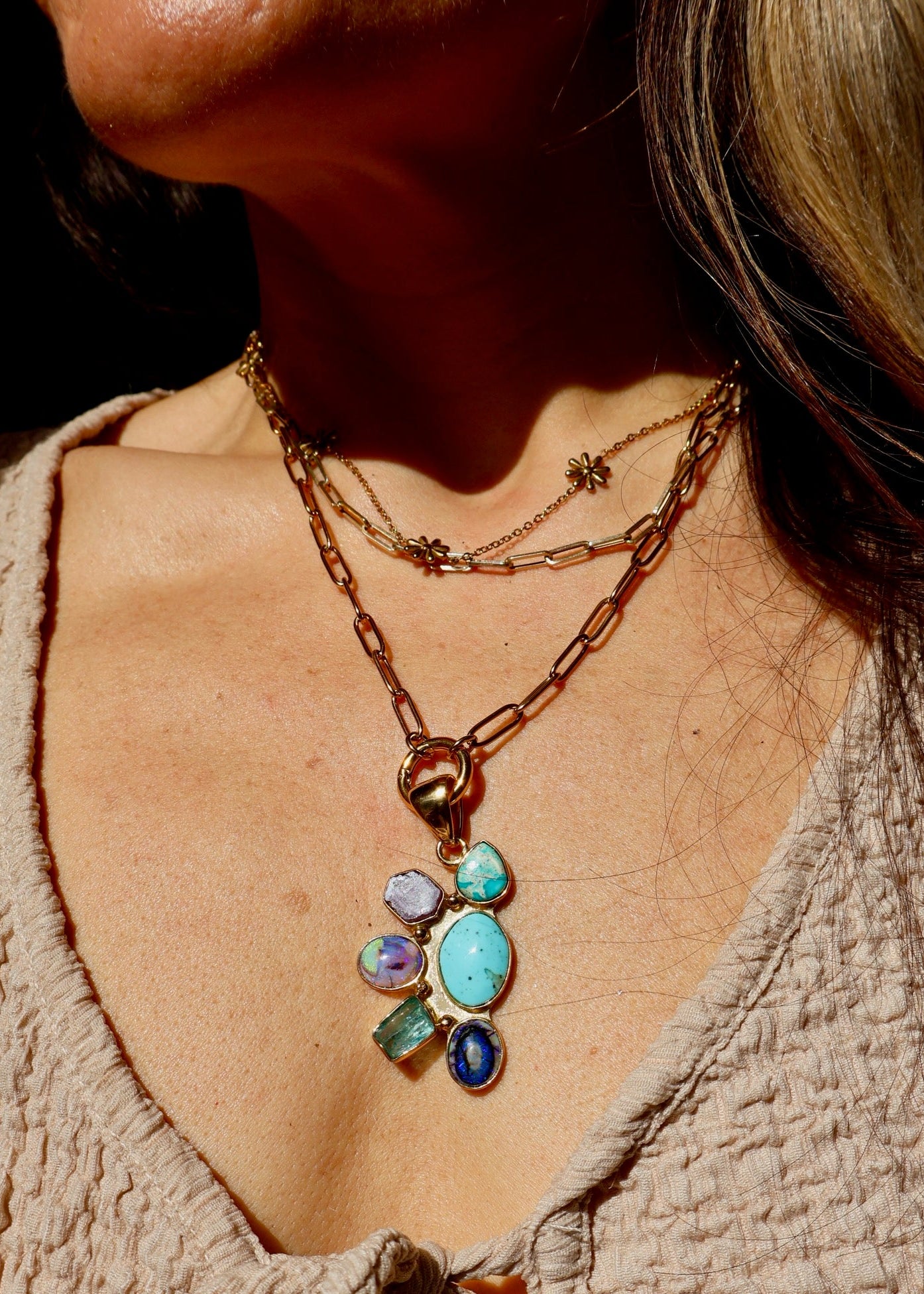 *Pendant Only* Campitos Turquoise, Aquamarine, Opal and Ruby in Gold Alchemia HP37