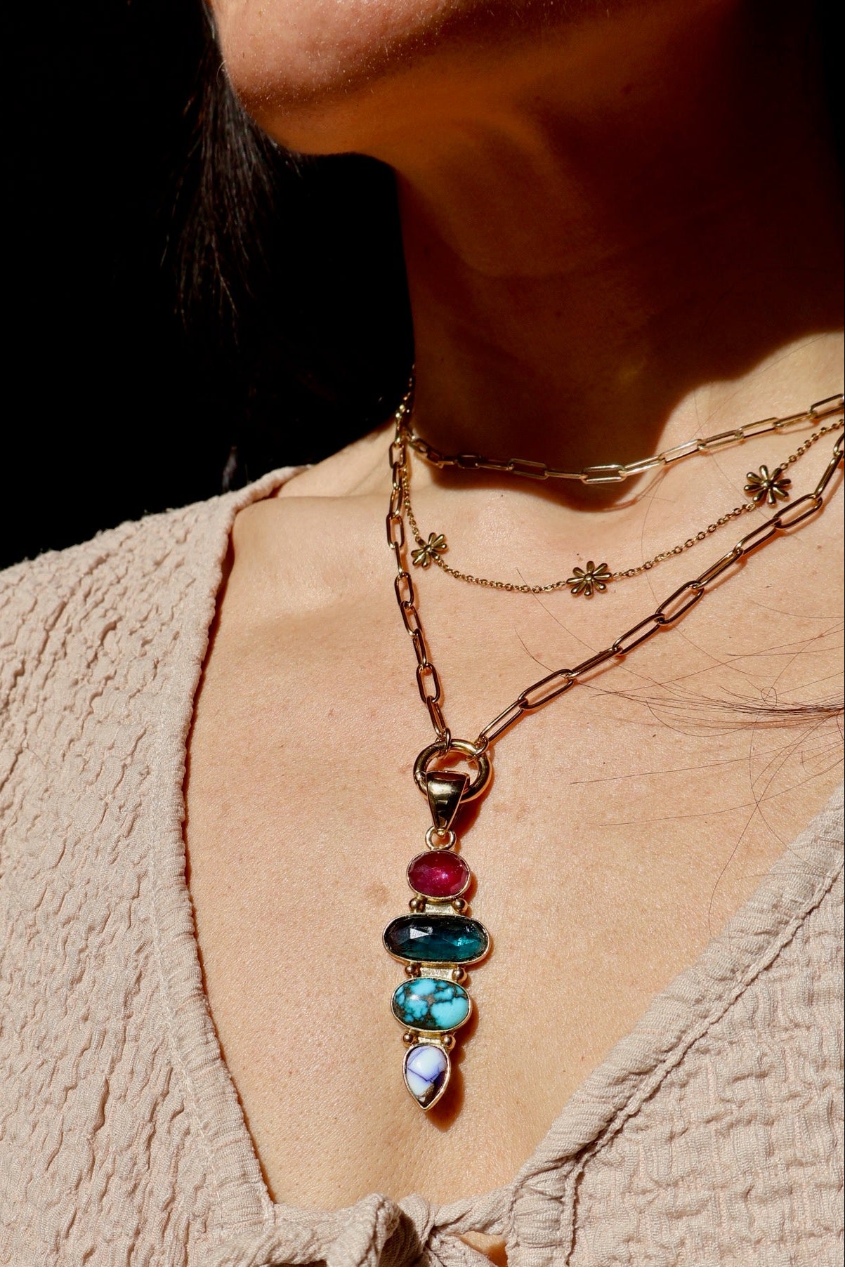 *Pendant Only* Ruby, Turquoise, Kyanite & Purple Dahlia in Gold Alchemia HP39