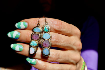 Holiday Party Earring Opal, Ruby & White Water Turquoise