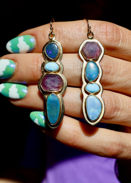 Holiday Party Earring Opal, Ruby & White Water Turquoise