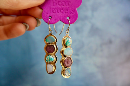 Holiday Party Earring Opal, Ruby & White Water Turquoise