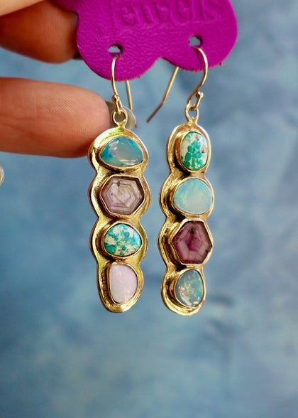 Holiday Party Earring Opal, Ruby & White Water Turquoise