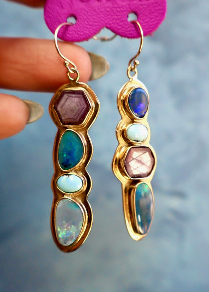 Holiday Party Earring Opal, Ruby & White Water Turquoise