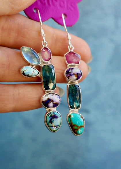 Holiday Party Earring Aquamarine, Opal, Ruby, Kyanite & Turquoise in Sterling Silver