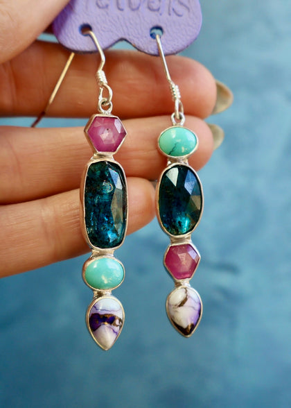 Holiday Party Earring Opal, Ruby, Kyanite, Purple Dahlia & Turquoise in Sterling Silver