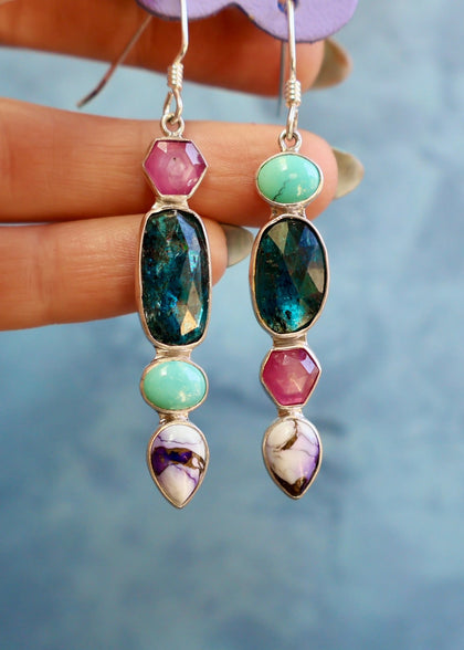 Holiday Party Earring Opal, Ruby, Kyanite, Purple Dahlia & Turquoise in Sterling Silver