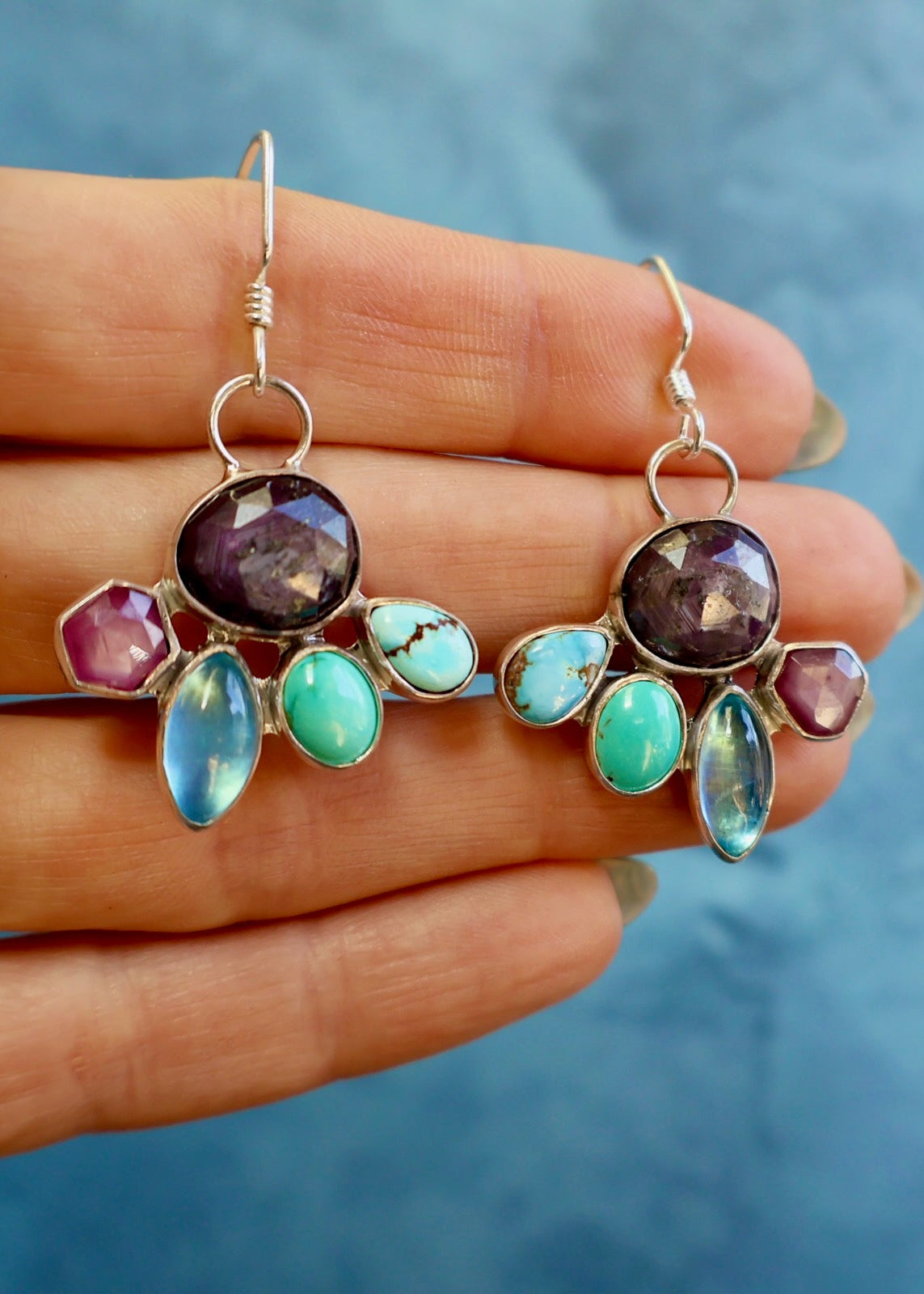 Holiday Party Earring Aquamarine, Ruby, Kyanite & Turquoise in Sterling Silver HP33