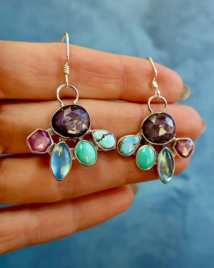 Holiday Party Earring Aquamarine, Ruby, Kyanite & Turquoise in Sterling Silver