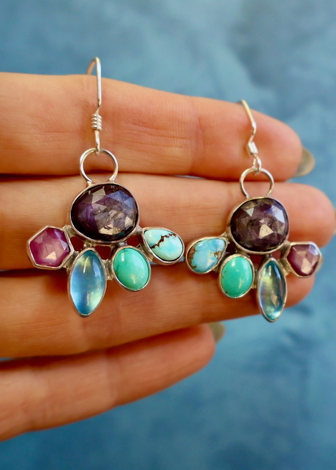 Holiday Party Earring Aquamarine, Ruby, Kyanite & Turquoise in Sterling Silver HP33