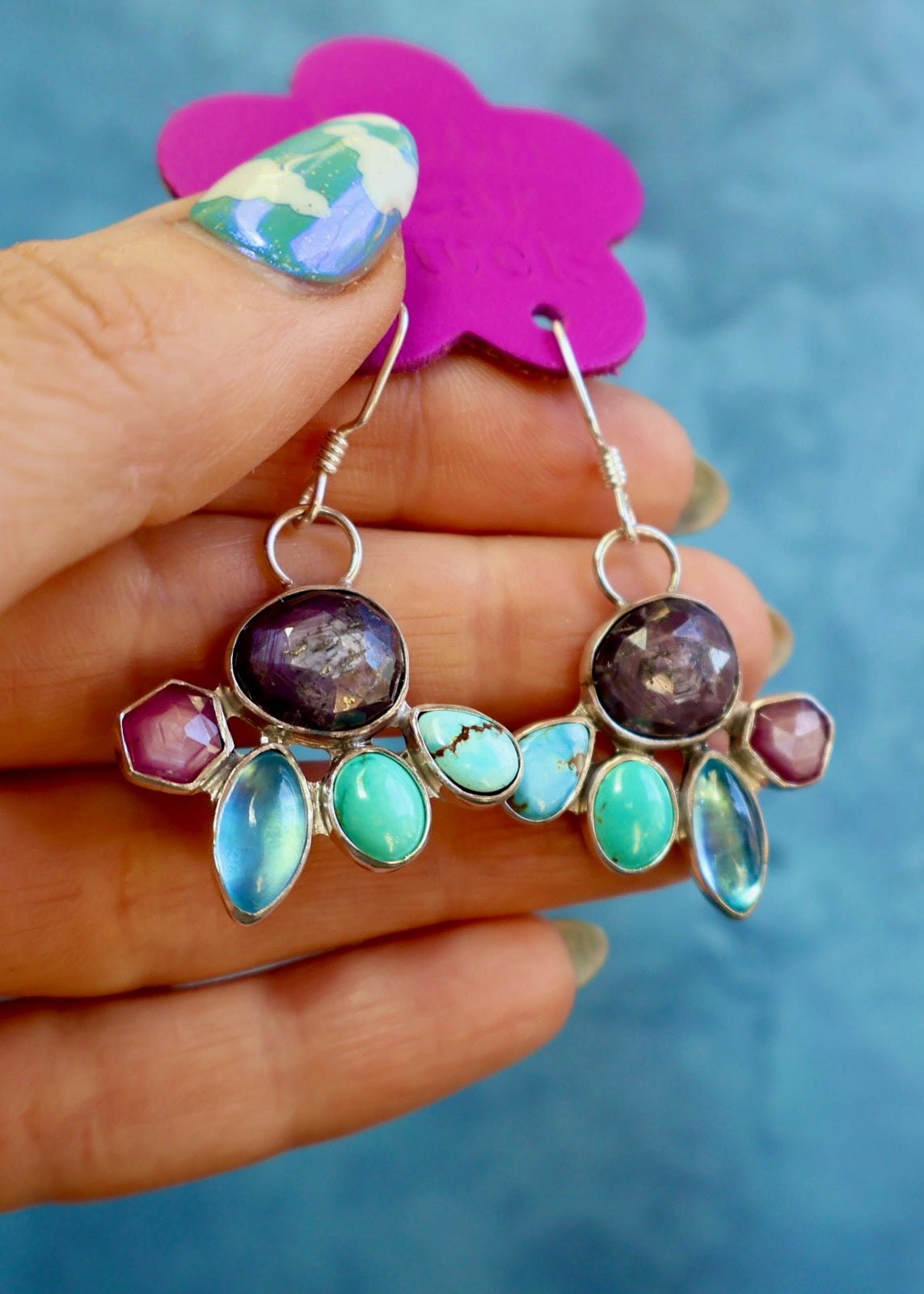 Holiday Party Earring Aquamarine, Ruby, Kyanite & Turquoise in Sterling Silver HP33