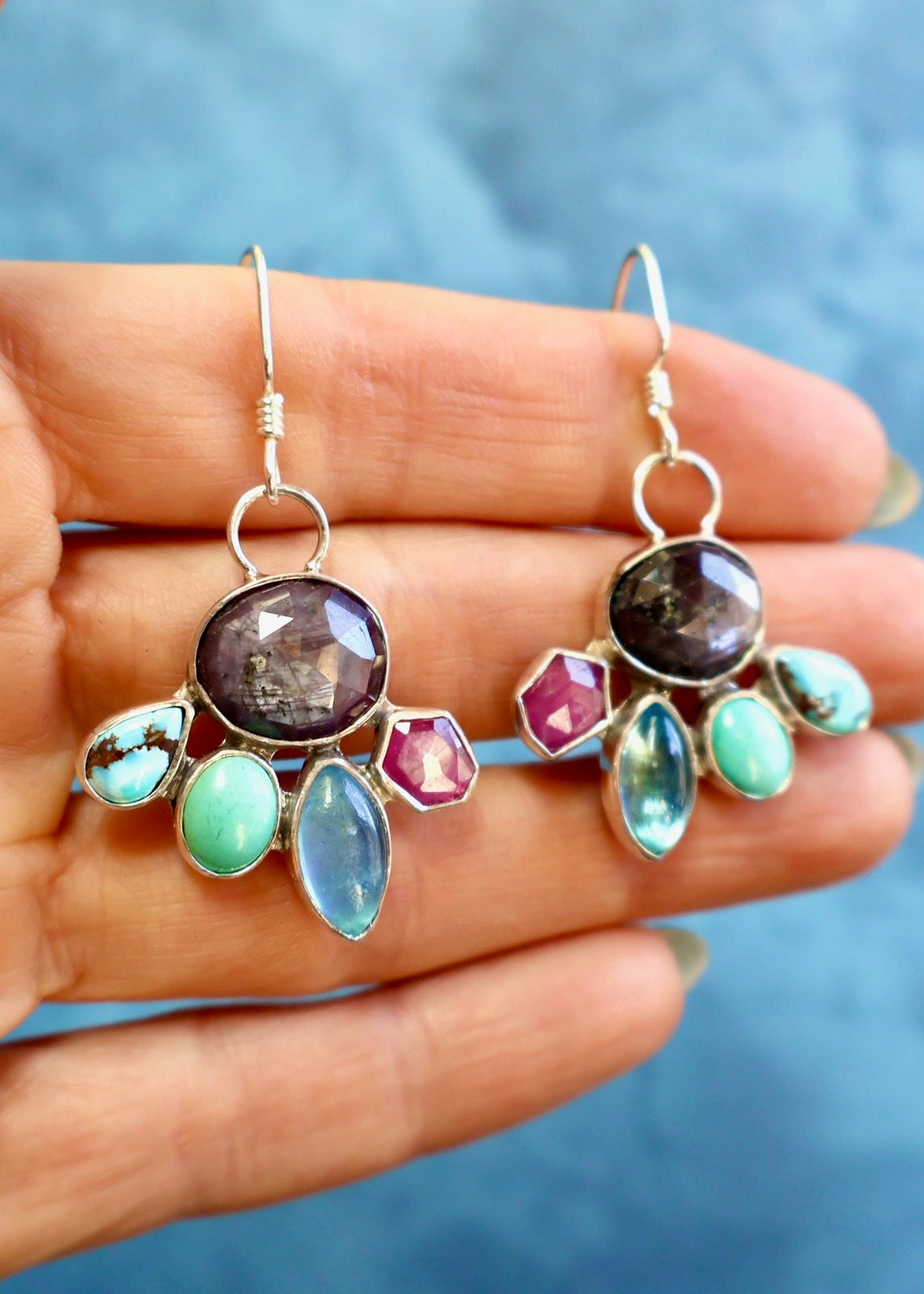 Holiday Party Earring Aquamarine, Ruby, Kyanite & Turquoise in Sterling Silver HP33