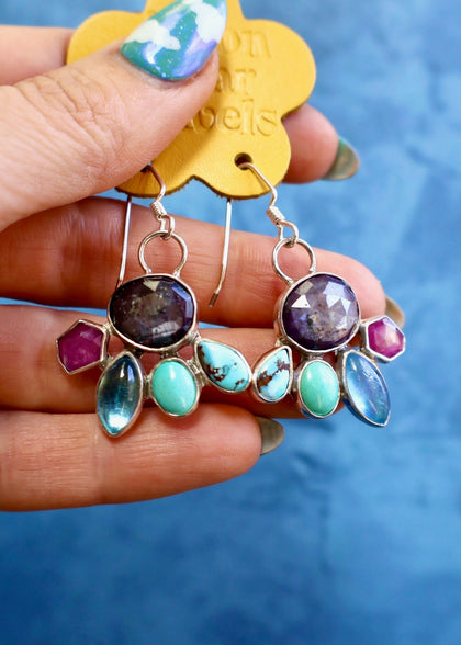 Holiday Party Earring Aquamarine, Ruby, Kyanite & Turquoise in Sterling Silver