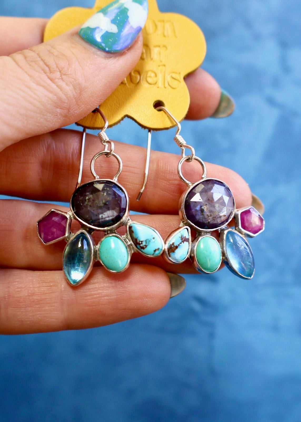 Holiday Party Earring Aquamarine, Ruby, Kyanite & Turquoise in Sterling Silver HP33