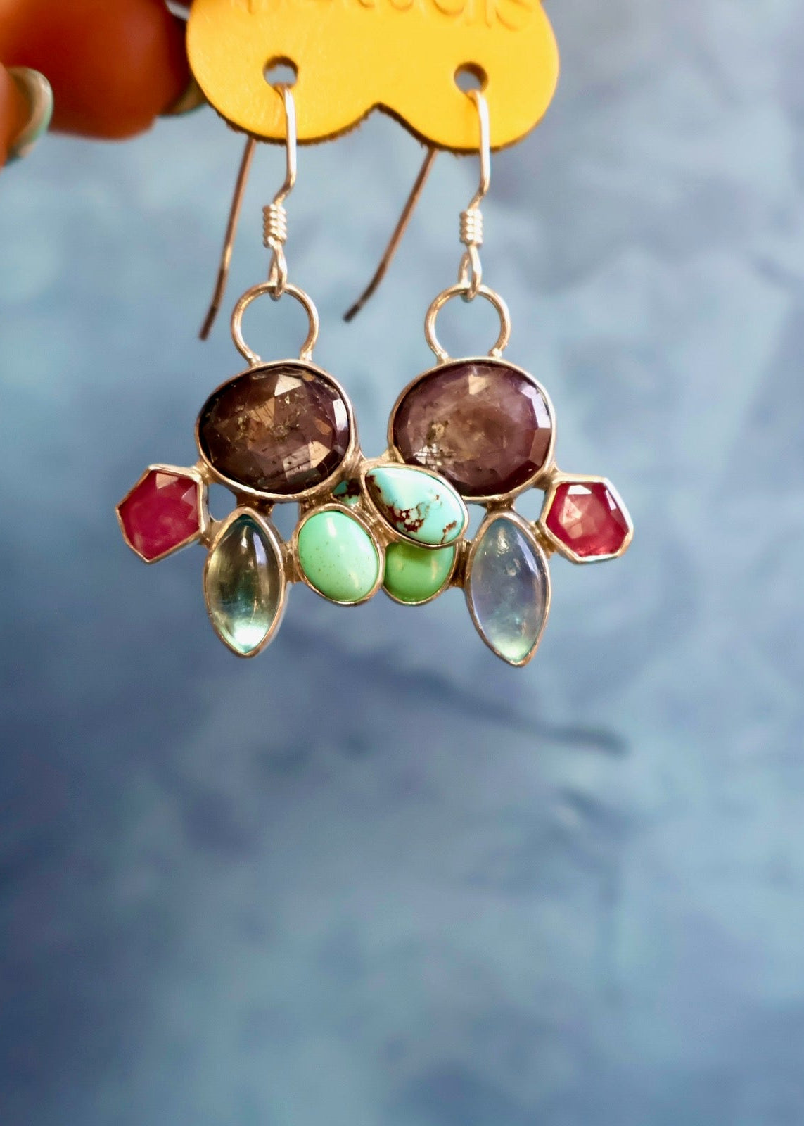 Holiday Party Earring Aquamarine, Ruby, Kyanite & Turquoise in Sterling Silver HP33