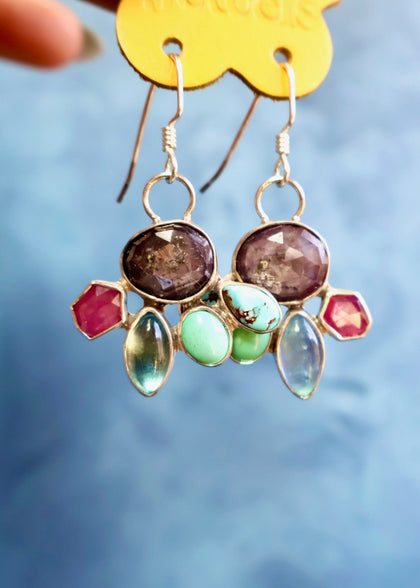 Holiday Party Earring Aquamarine, Ruby, Kyanite & Turquoise in Sterling Silver