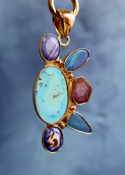 *Pendant Only* Morenci Turquoise, Opal and Ruby in Gold Alchemia