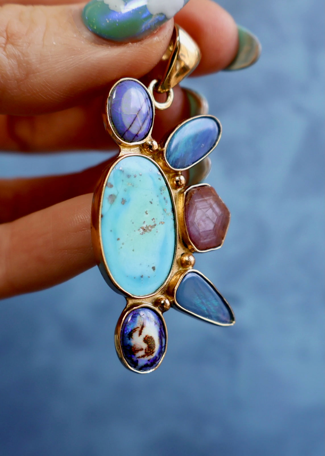 *Pendant Only* Morenci Turquoise, Opal and Ruby in Gold Alchemia HP35