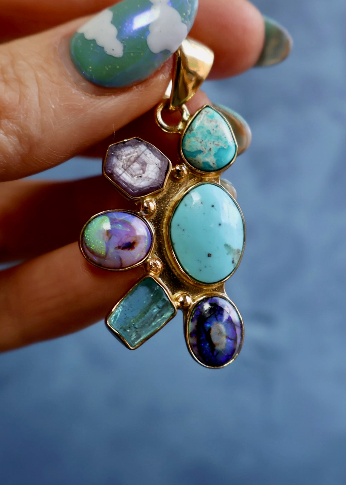 *Pendant Only* Campitos Turquoise, Aquamarine, Opal and Ruby in Gold Alchemia HP37