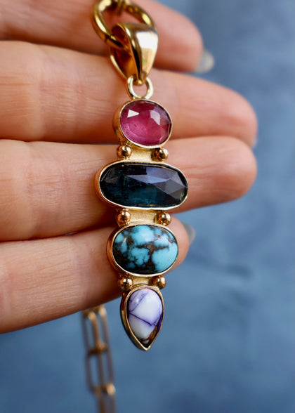 *Pendant Only* Ruby, Turquoise, Kyanite & Purple Dahlia in Gold Alchemia