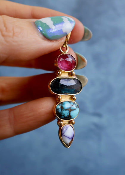 *Pendant Only* Ruby, Turquoise, Kyanite & Purple Dahlia in Gold Alchemia