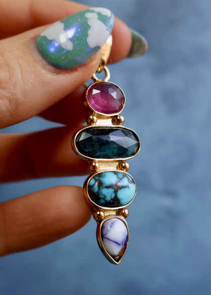 *Pendant Only* Ruby, Turquoise, Kyanite & Purple Dahlia in Gold Alchemia