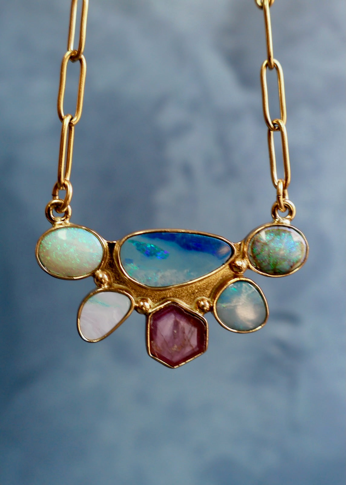 Aquamarine, Ruby, Turquoise, Kyanite & Purple Dahlia in Gold Alchemia HP41