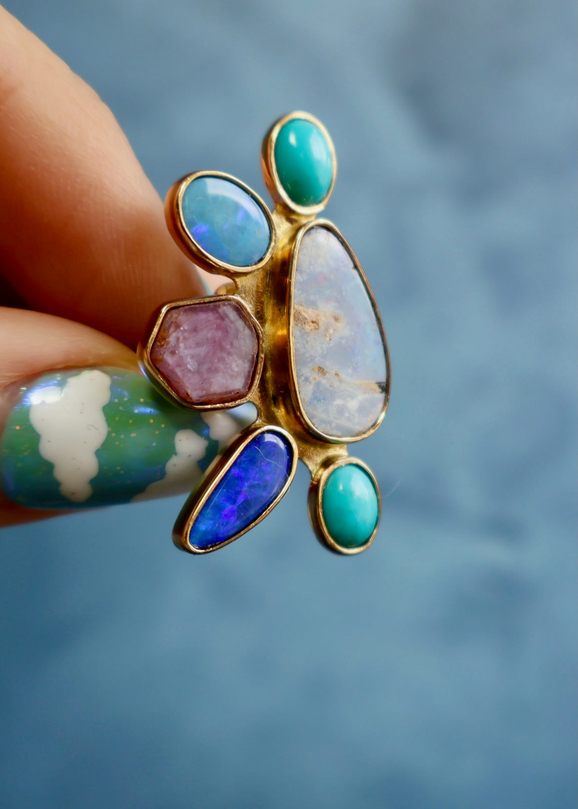 Holiday Party Ring! Turquoise, Opal & Ruby Adjustable Ring HP49