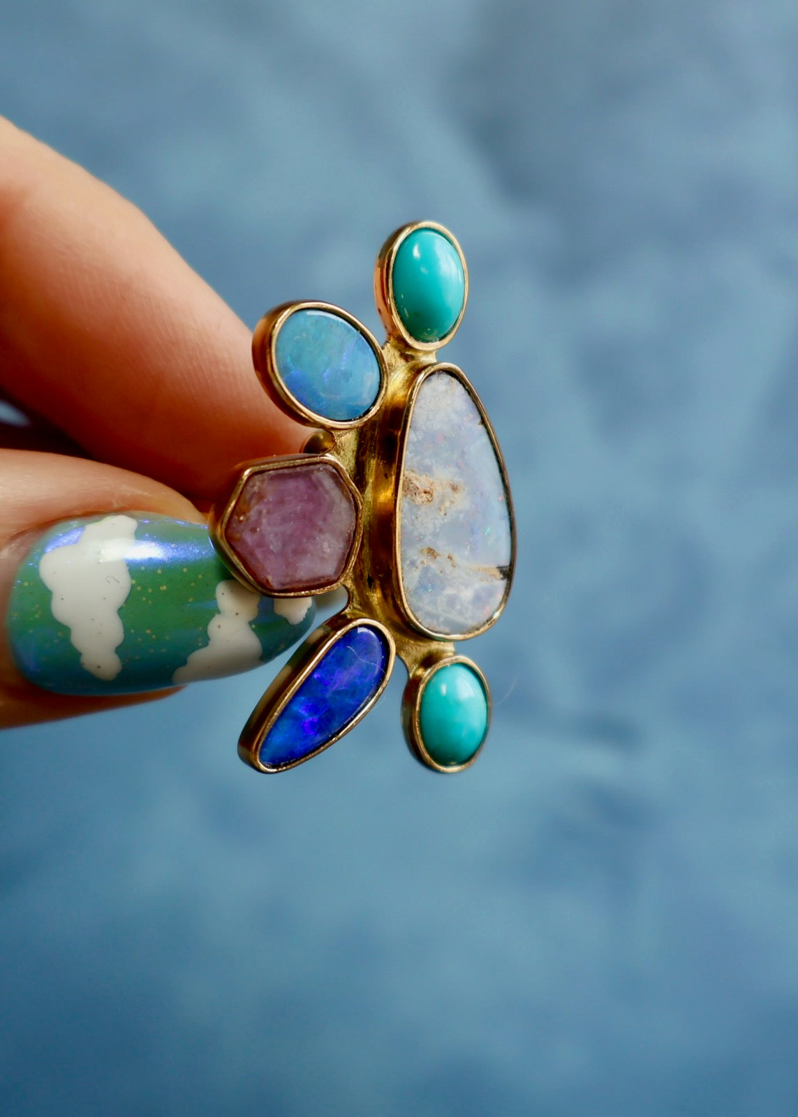 Holiday Party Ring! Turquoise, Opal & Ruby Adjustable Ring HP49