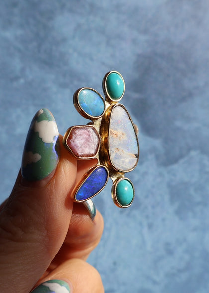 Holiday Party Ring! Turquoise, Opal & Ruby Adjustable Ring