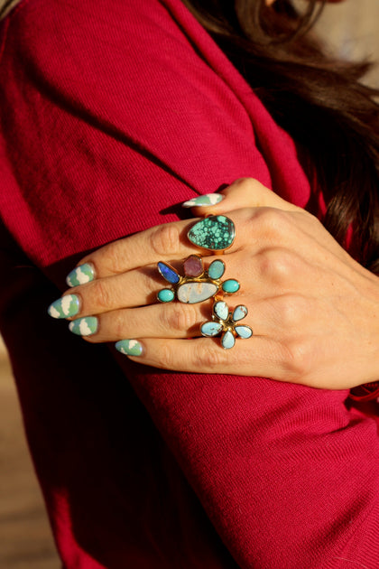 Holiday Party Ring! Turquoise, Opal & Ruby Adjustable Ring