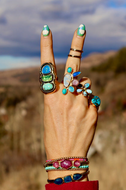 Holiday Party Ring! Turquoise, Opal & Ruby Adjustable Ring