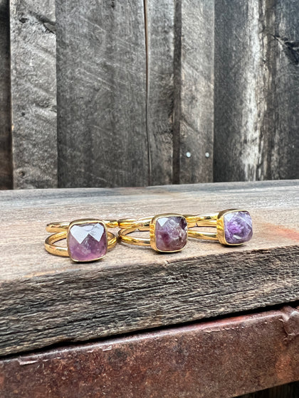 Cushion Cut Amethyst Double Band Adjustable Ring- Gold Alchemia