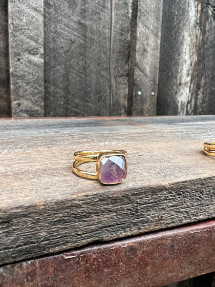 Cushion Cut Amethyst Double Band Adjustable Ring- Gold Alchemia