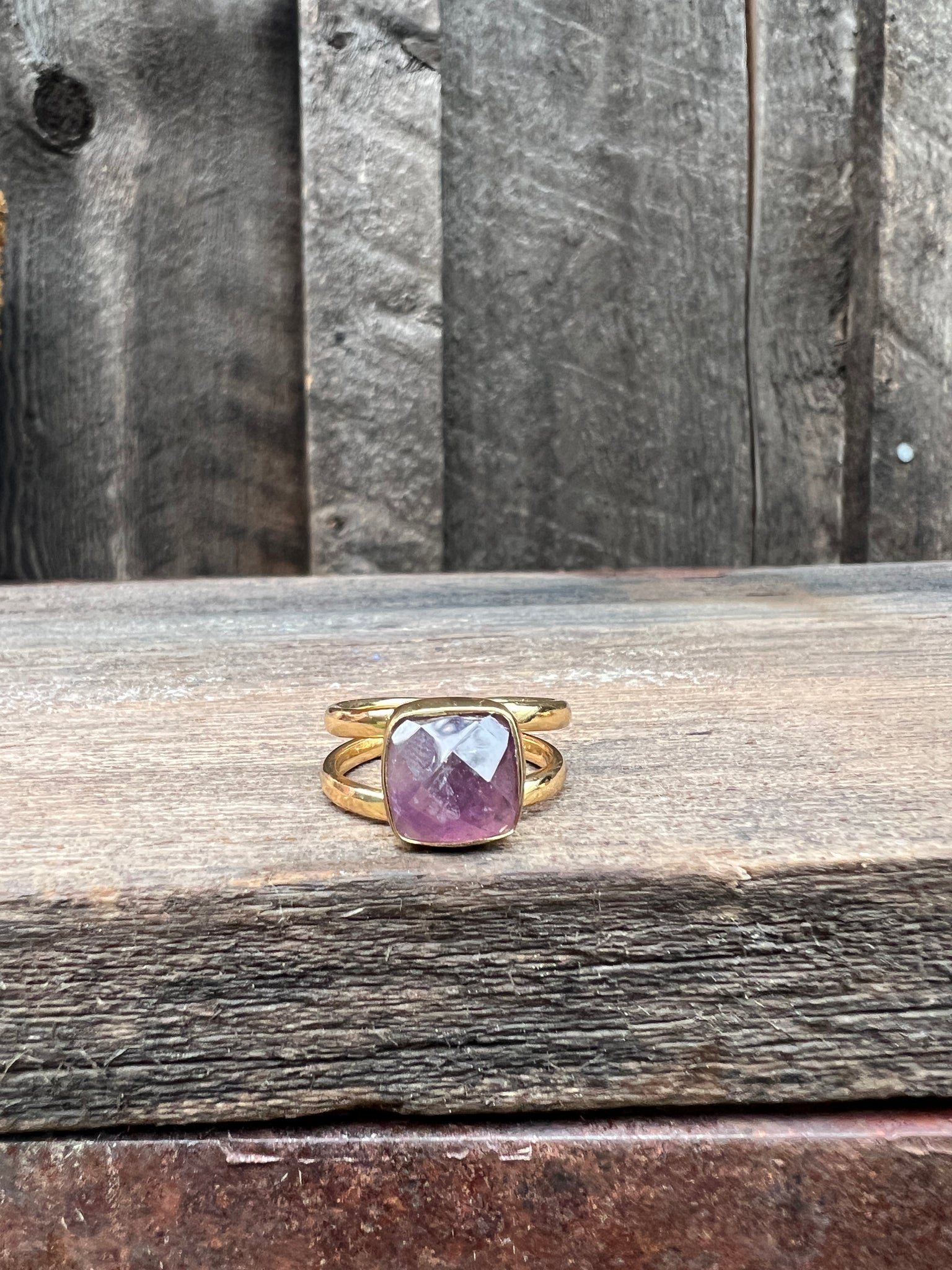 Cushion Cut Amethyst Double Band Adjustable Ring- Gold Alchemia #110