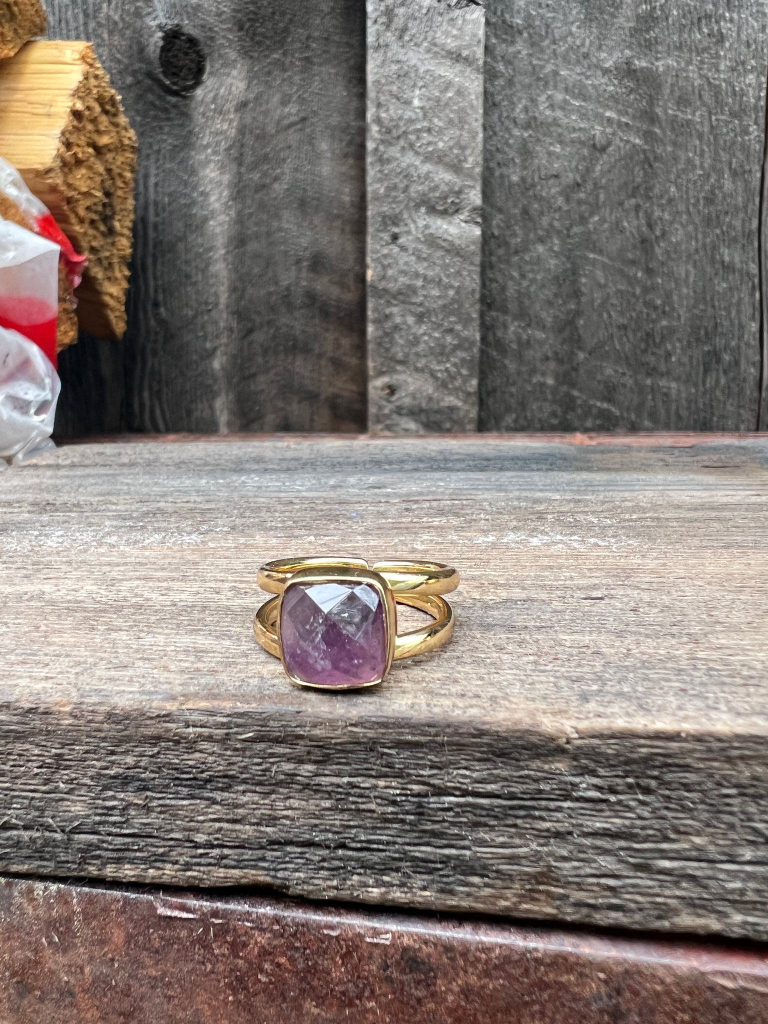 Cushion Cut Amethyst Double Band Adjustable Ring- Gold Alchemia #110