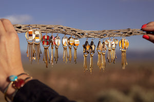 Mother of Pearl, Abalone & Coral Inlay Earring with Fringe T53