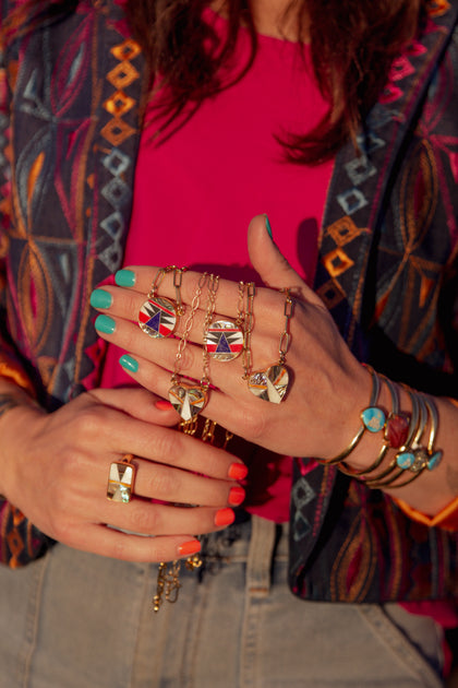Lapis & Mother of Pearl Inlay Necklace with Gold Fill Paper Clip Chain