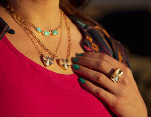 Lapis & Mother of Pearl Inlay Necklace with Gold Fill Paper Clip Chain T26