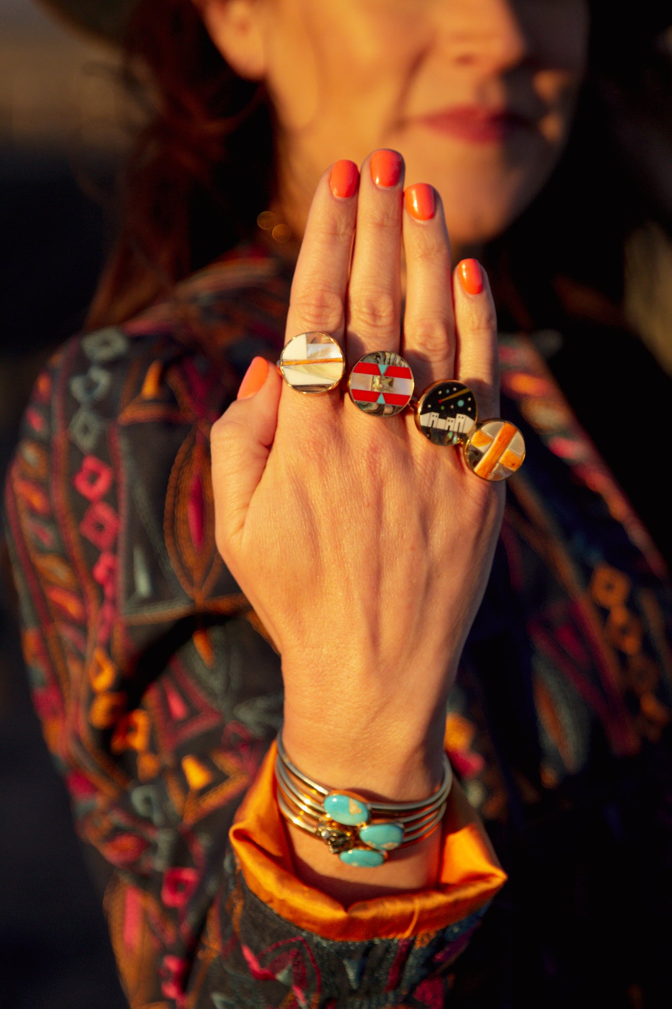 Taos Turquoise, Mother of Pearl & Abalone Inlay Design Ring in Gold Alchemia Adjustable T1