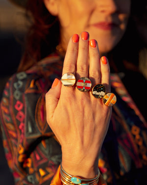 Taos Turquoise, Mother of Pearl & Abalone Inlay Design Ring in Sterling Silver Adjustable T006