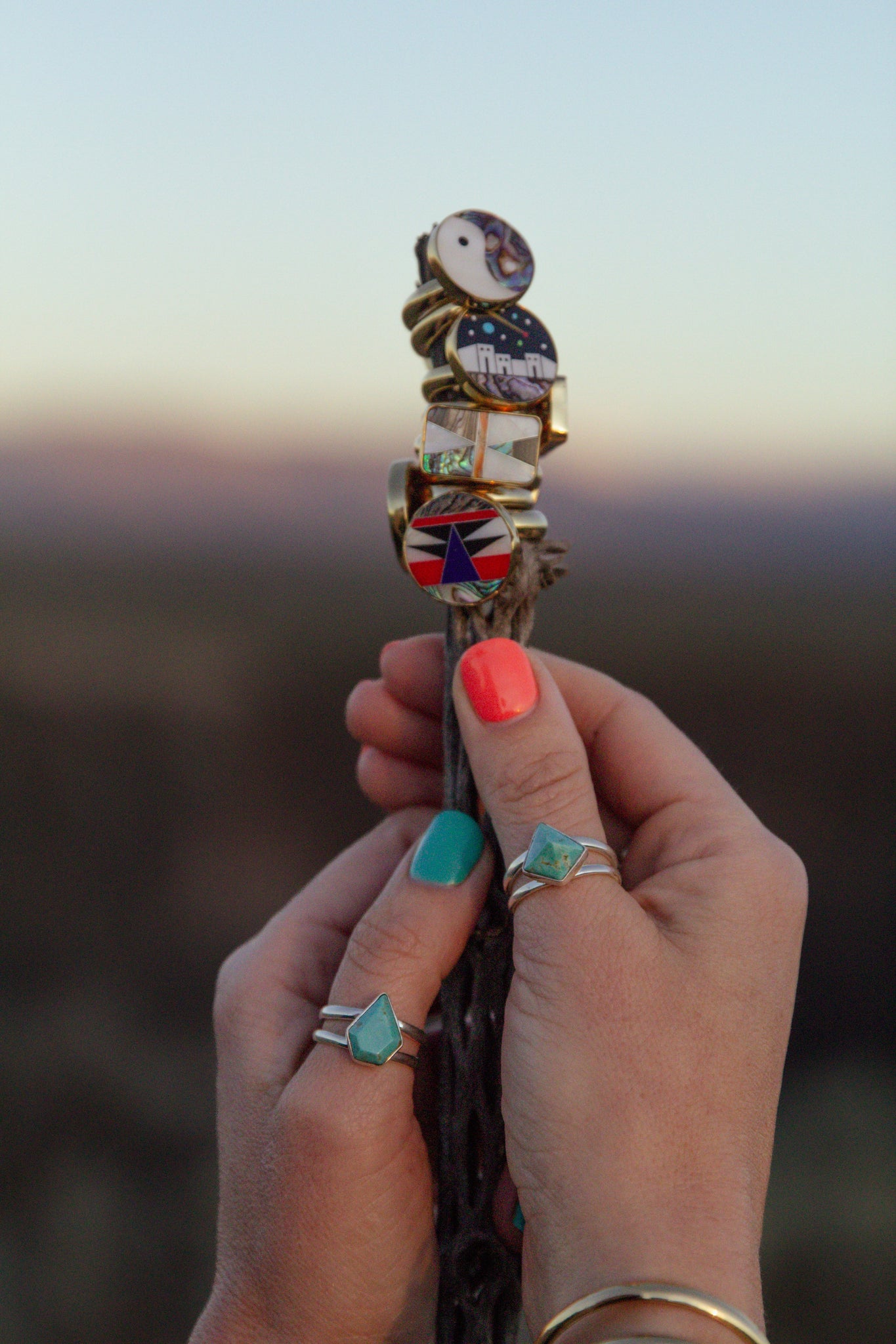 Taos Turquoise, Mother of Pearl & Abalone Inlay Design Ring in Sterling Silver Adjustable T006